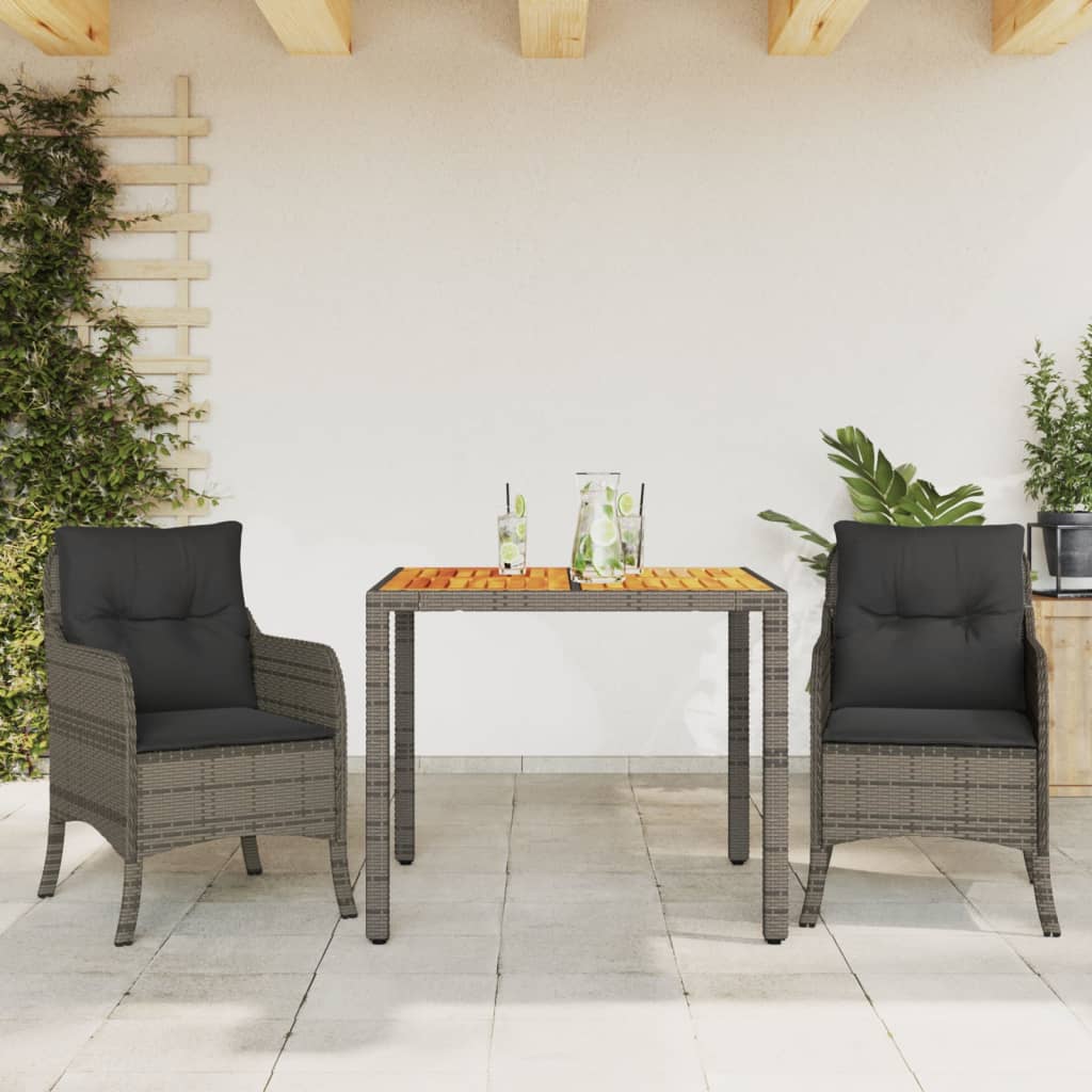 3 Piece Garden Dining Set with Cushions Grey Poly Rattan