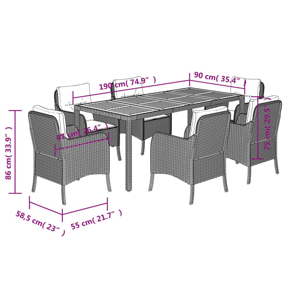 7 Piece Garden Dining Set with Cushions Grey Poly Rattan