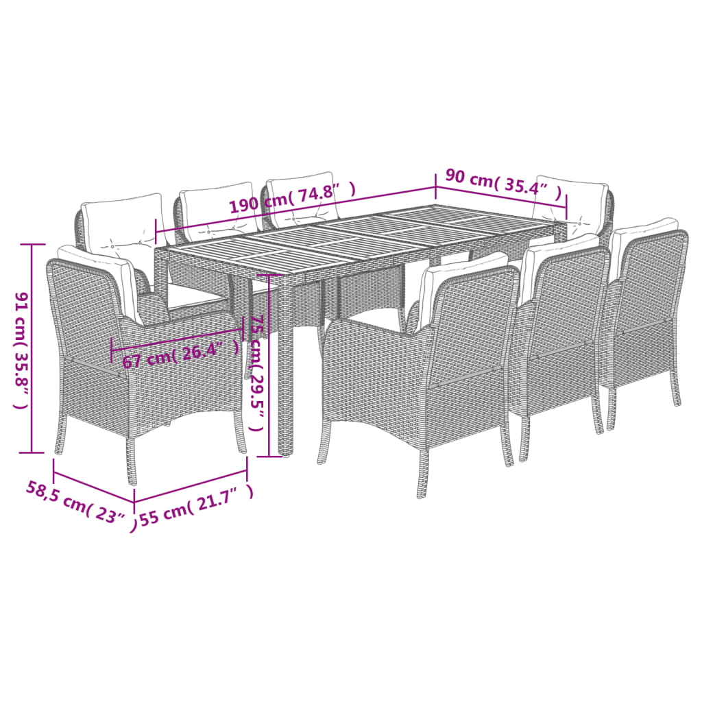 9 Piece Garden Dining Set with Cushions Grey Poly Rattan