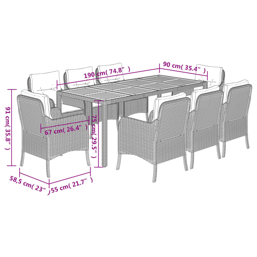 9 Piece Garden Dining Set with Cushions Grey Poly Rattan
