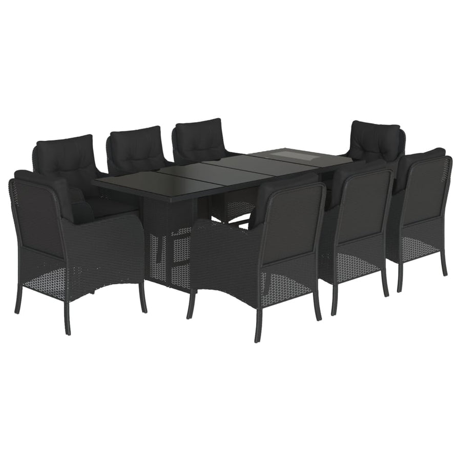 9 Piece Garden Dining Set with Cushions Black Poly Rattan