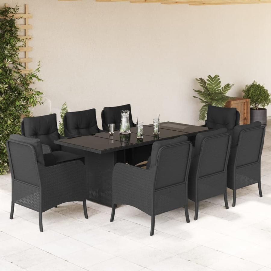 9 Piece Garden Dining Set with Cushions Black Poly Rattan