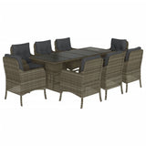 9 Piece Garden Dining Set with Cushions Grey Poly Rattan - Front View