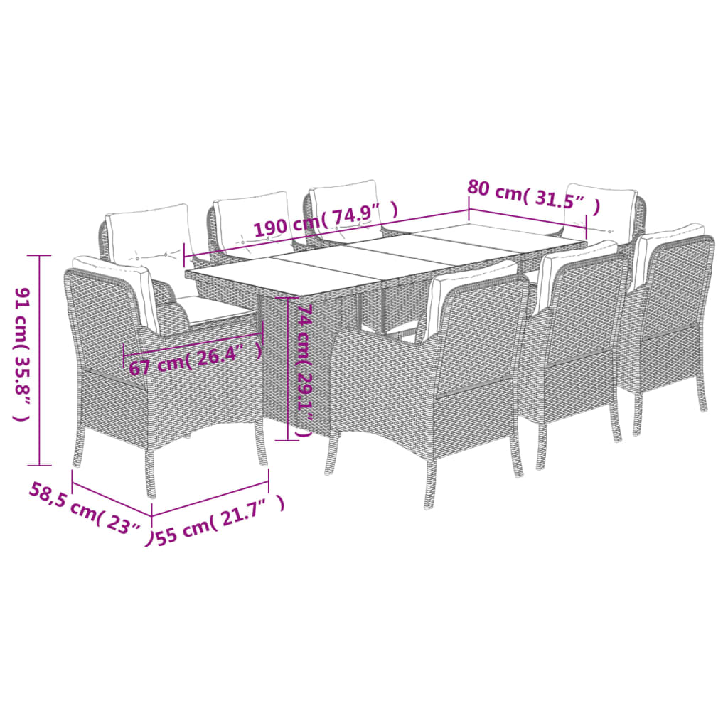 9 Piece Garden Dining Set with Cushions Grey Poly Rattan