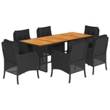 7 Piece Garden Dining Set with Cushions Black Poly Rattan - Front View