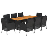 9 Piece Garden Dining Set with Cushions Black Poly Rattan - Front View