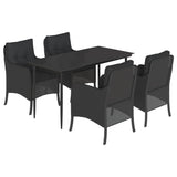 5 Piece Garden Dining Set with Cushions Black Poly Rattan - Front View