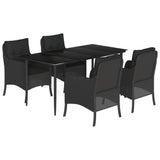 5 Piece Garden Dining Set with Cushions Black Poly Rattan - Front View