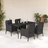 5 Piece Garden Dining Set with Cushions Black Poly Rattan