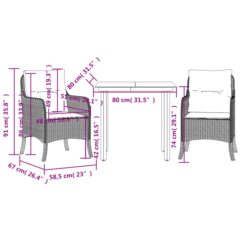 3 Piece Garden Dining Set with Cushions Black Poly Rattan