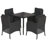 5 Piece Garden Dining Set with Cushions Black Poly Rattan - Front View