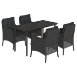 5 Piece Garden Dining Set with Cushions Black Poly Rattan - Front View