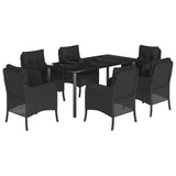 7 Piece Garden Dining Set with Cushions Black Poly Rattan - Front View