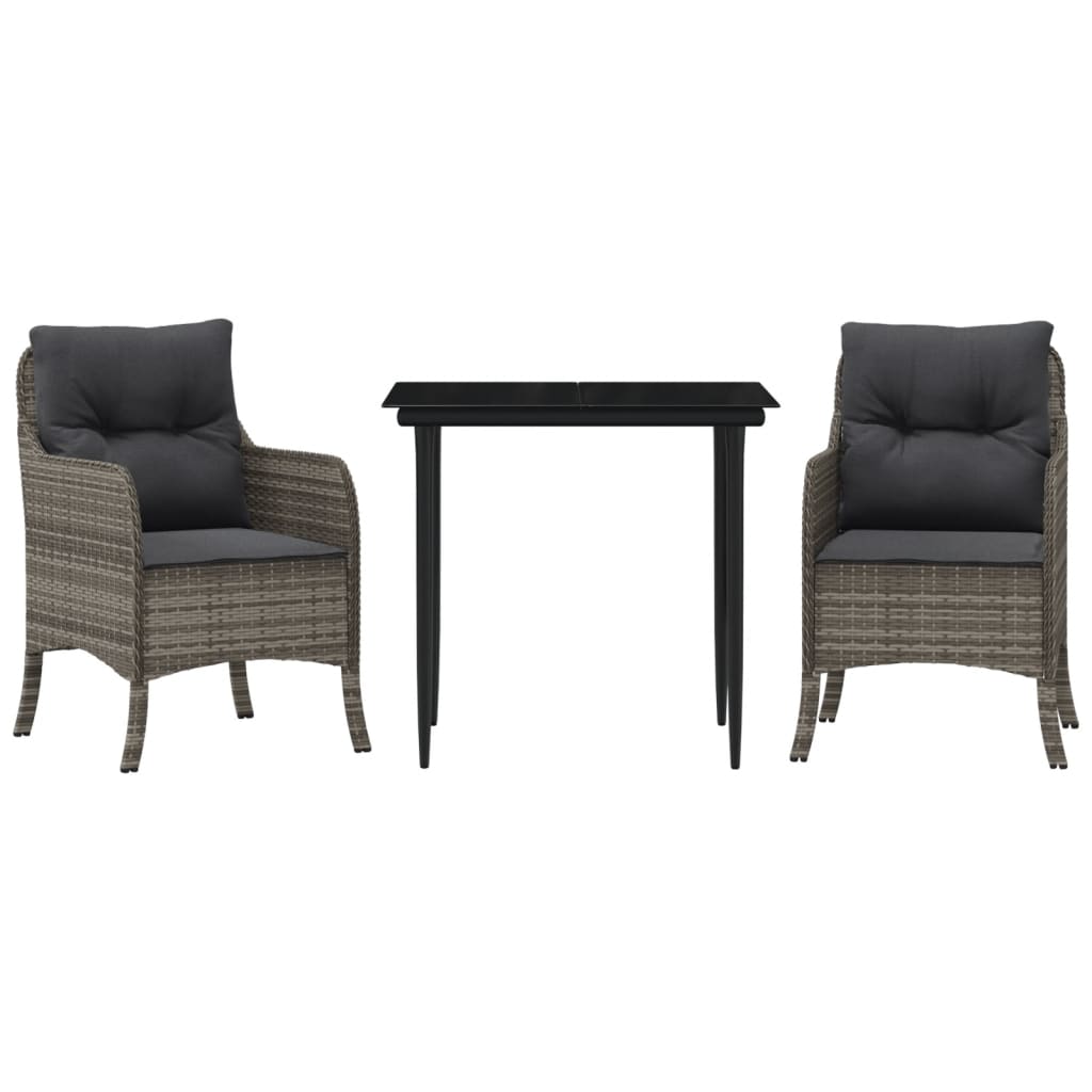 3 Piece Garden Dining Set with Cushions Grey Poly Rattan
