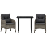 3 Piece Garden Dining Set with Cushions Grey Poly Rattan - Front View