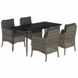 5 Piece Garden Dining Set with Cushions Grey Poly Rattan - Front View