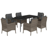 7 Piece Garden Dining Set with Cushions Grey Poly Rattan - Front View