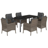 7 Piece Garden Dining Set with Cushions Grey Poly Rattan - Front View