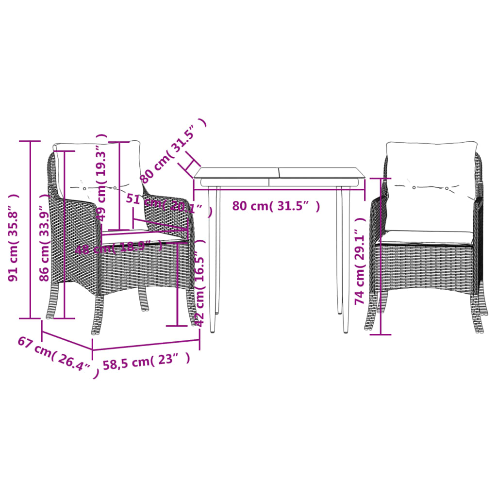 3 Piece Garden Dining Set with Cushions Beige Poly Rattan