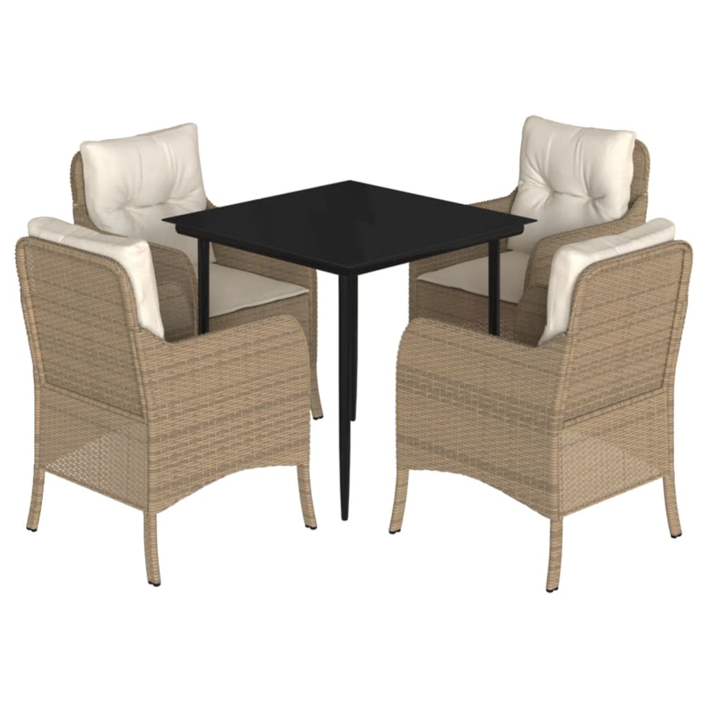 5 Piece Garden Dining Set with Cushions Beige Poly Rattan