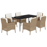 7 Piece Garden Dining Set with Cushions Beige Poly Rattan - Front View