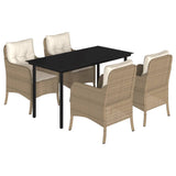 5 Piece Garden Dining Set with Cushions Beige Poly Rattan - Front View