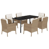 7 Piece Garden Dining Set with Cushions Beige Poly Rattan