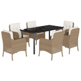 7 Piece Garden Dining Set with Cushions Beige Poly Rattan - Front View