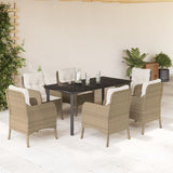 7 Piece Garden Dining Set with Cushions Beige Poly Rattan