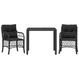 3 Piece Bistro Set with Cushions Black Poly Rattan - Front View