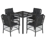 5 Piece Garden Dining Set with Cushions Black Poly Rattan - Front View