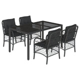 5 Piece Garden Dining Set with Cushions Black Poly Rattan - Front View