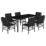 7 Piece Garden Dining Set with Cushions Black Poly Rattan - Front View
