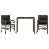 3 Piece Bistro Set with Cushions Grey Poly Rattan - Front View