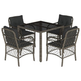 5 Piece Garden Dining Set with Cushions Grey Poly Rattan - Front View