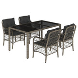 5 Piece Garden Dining Set with Cushions Grey Poly Rattan - Front View