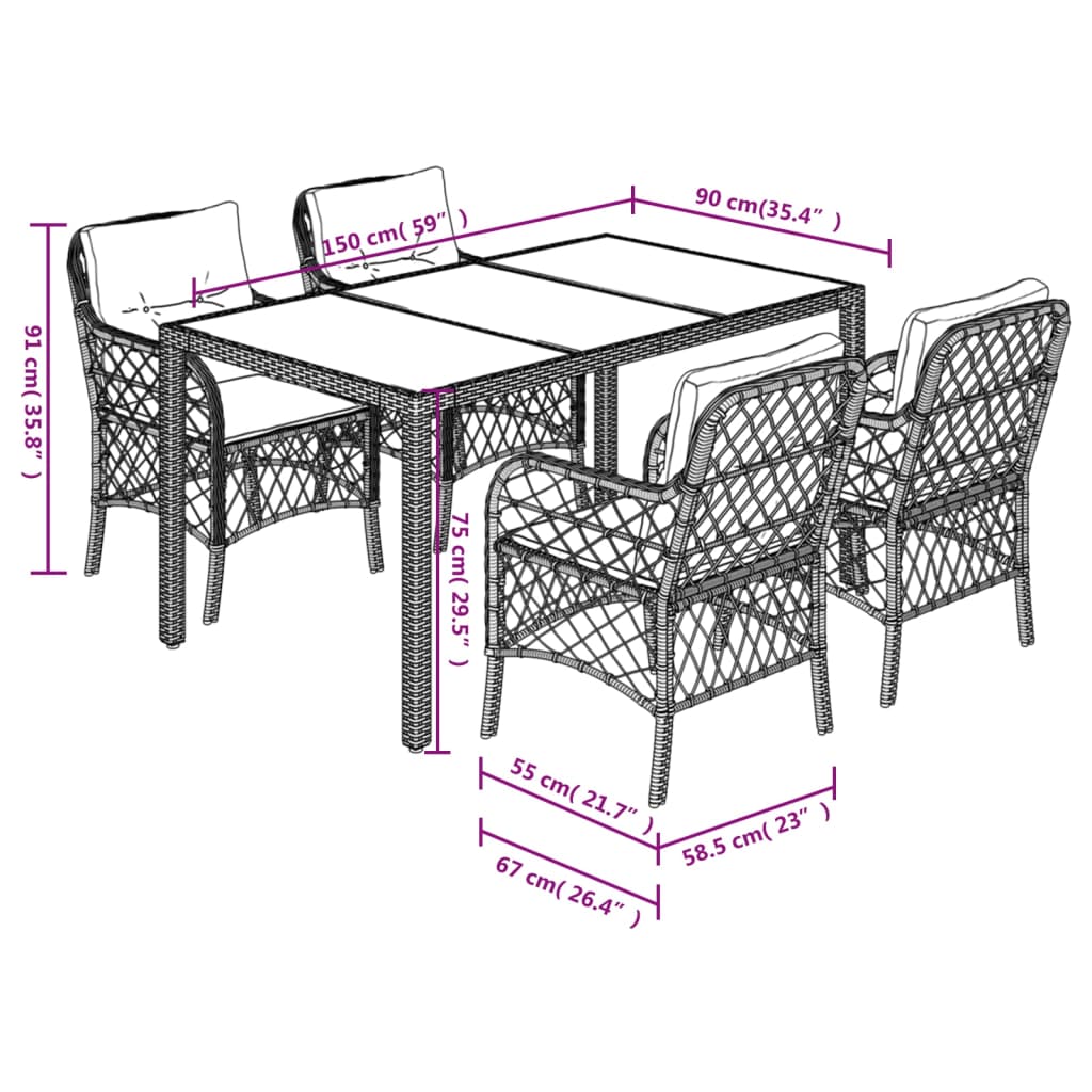 5 Piece Garden Dining Set with Cushions Grey Poly Rattan