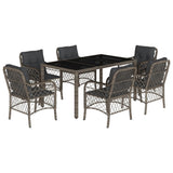 7 Piece Garden Dining Set with Cushions Grey Poly Rattan - Front View