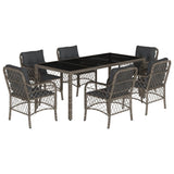 7 Piece Garden Dining Set with Cushions Grey Poly Rattan - Front View