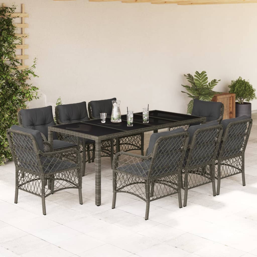 9 Piece Garden Dining Set with Cushions Grey Poly Rattan