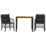 3 Piece Bistro Set with Cushions Black Poly Rattan - Front View