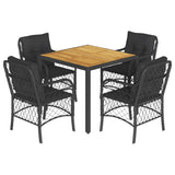 5 Piece Garden Dining Set with Cushions Black Poly Rattan - Front View