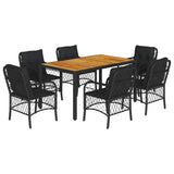 7 Piece Garden Dining Set with Cushions Black Poly Rattan - Front View