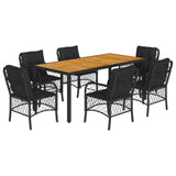 7 Piece Garden Dining Set with Cushions Black Poly Rattan - Front View