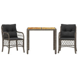 3 Piece Bistro Set with Cushions Grey Poly Rattan - Front View