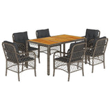 7 Piece Garden Dining Set with Cushions Grey Poly Rattan - Front View