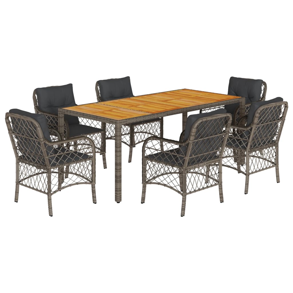 7 Piece Garden Dining Set with Cushions Grey Poly Rattan