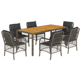 7 Piece Garden Dining Set with Cushions Grey Poly Rattan - Front View