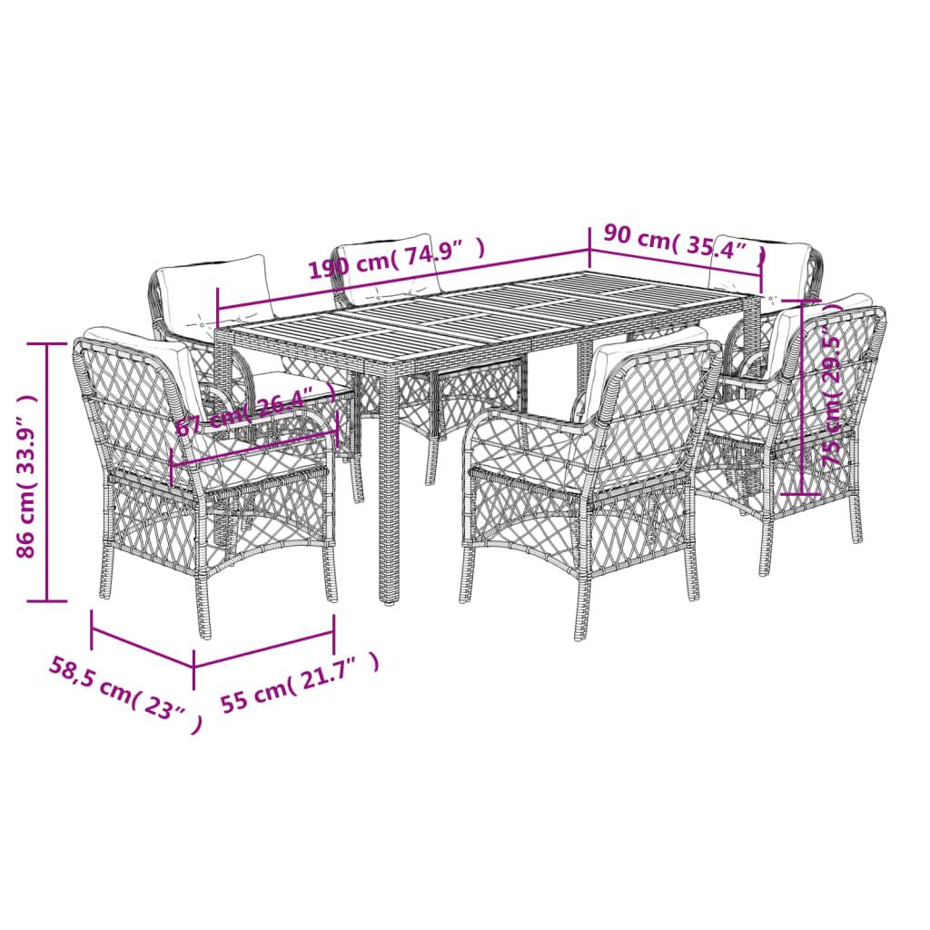 7 Piece Garden Dining Set with Cushions Grey Poly Rattan