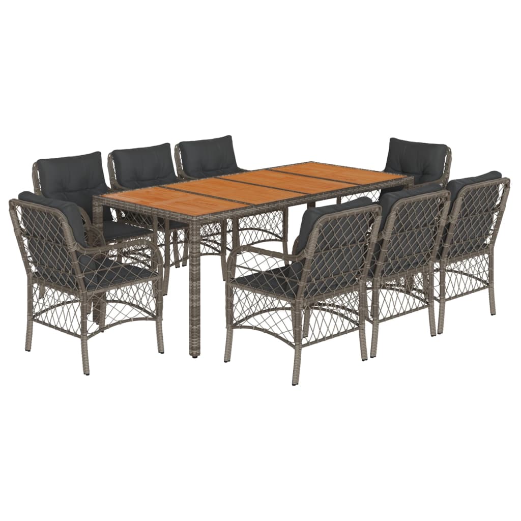 9 Piece Garden Dining Set with Cushions Grey Poly Rattan